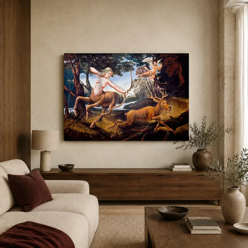 The Mythological Centaur Hunt Classical Wall Art Print — canvas 2 room mockup