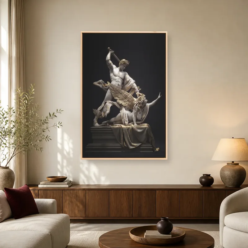 Perseus Defeating Medusa Classical Sculpture Wall Art — natural room mockup