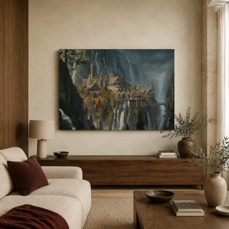 Elven Valley Citadel Fantasy Landscape Wall Art — canvas 2 room mockup