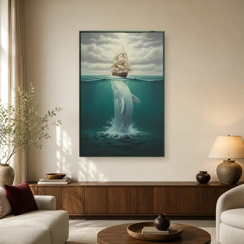 The Leviathan's Ascent: Whale Beneath the Galleon — black room mockup