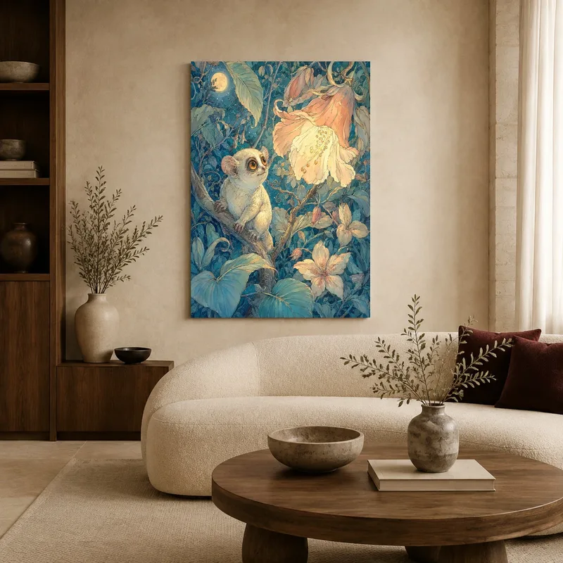 Moonlit Tarsier and Luminous Blossom Fantasy Art Print in a styled interior