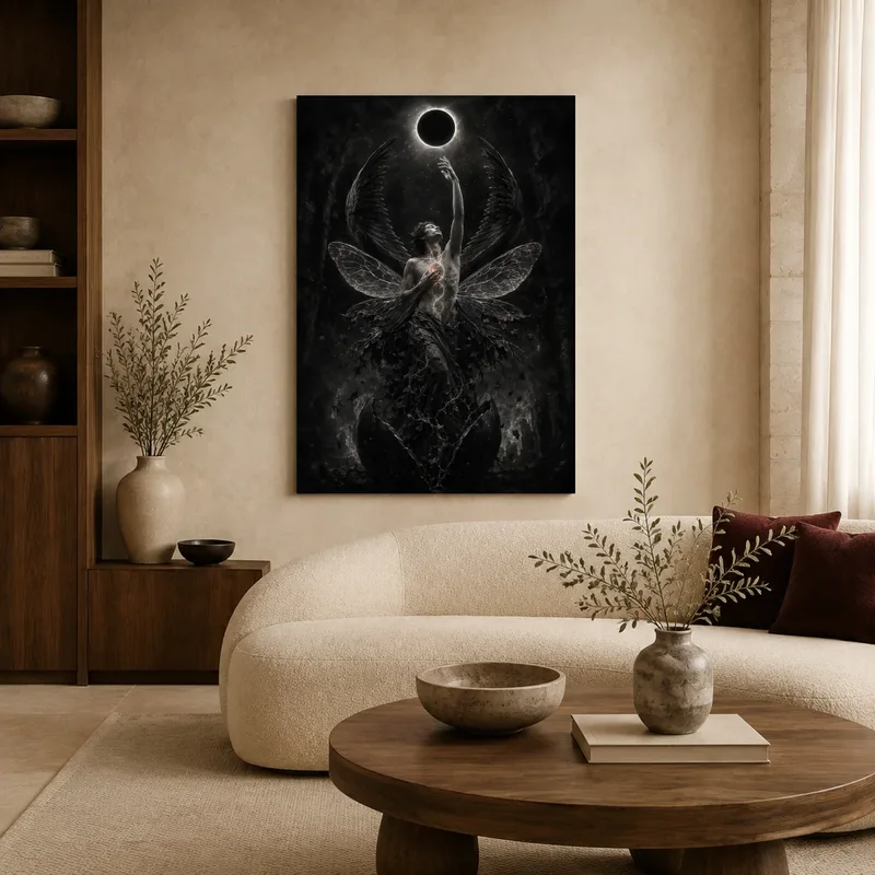 Eclipse of Ascent Dark Fantasy Winged Figure Wall Art in a styled interior