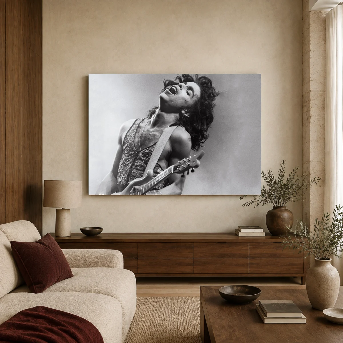 Prince Live Monochrome Guitar Performance Canvas Wall Art in a styled interior