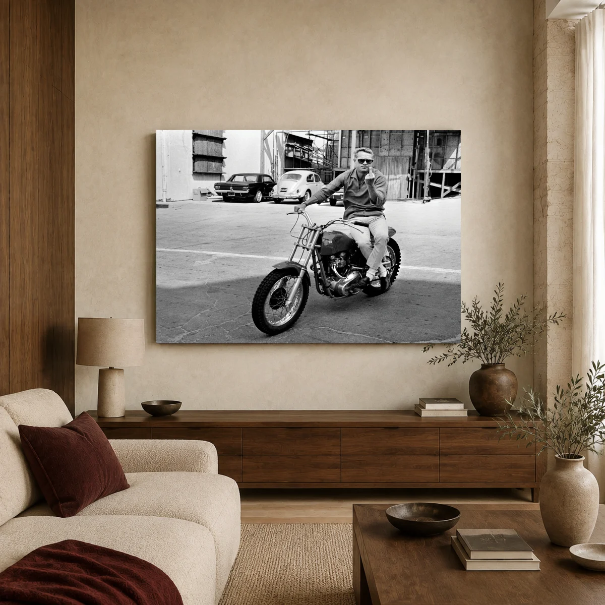 Steve McQueen Rebel Motorcycle Black and White Fine Art Print in a styled interior