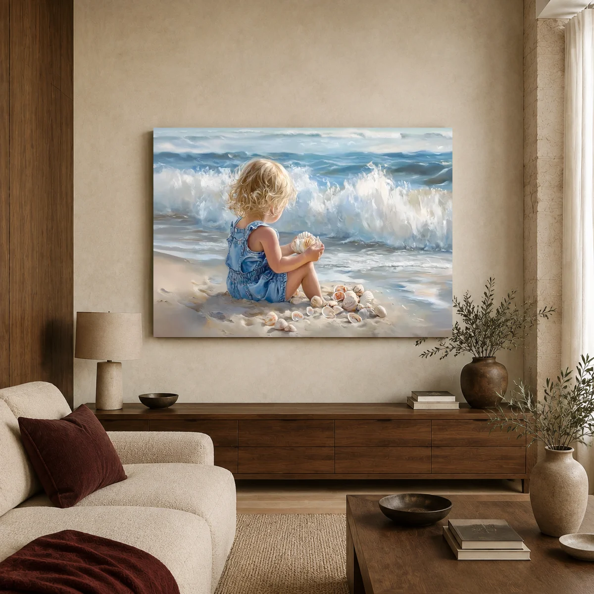 Little Shell Collector Beach Canvas Art Print in a styled interior