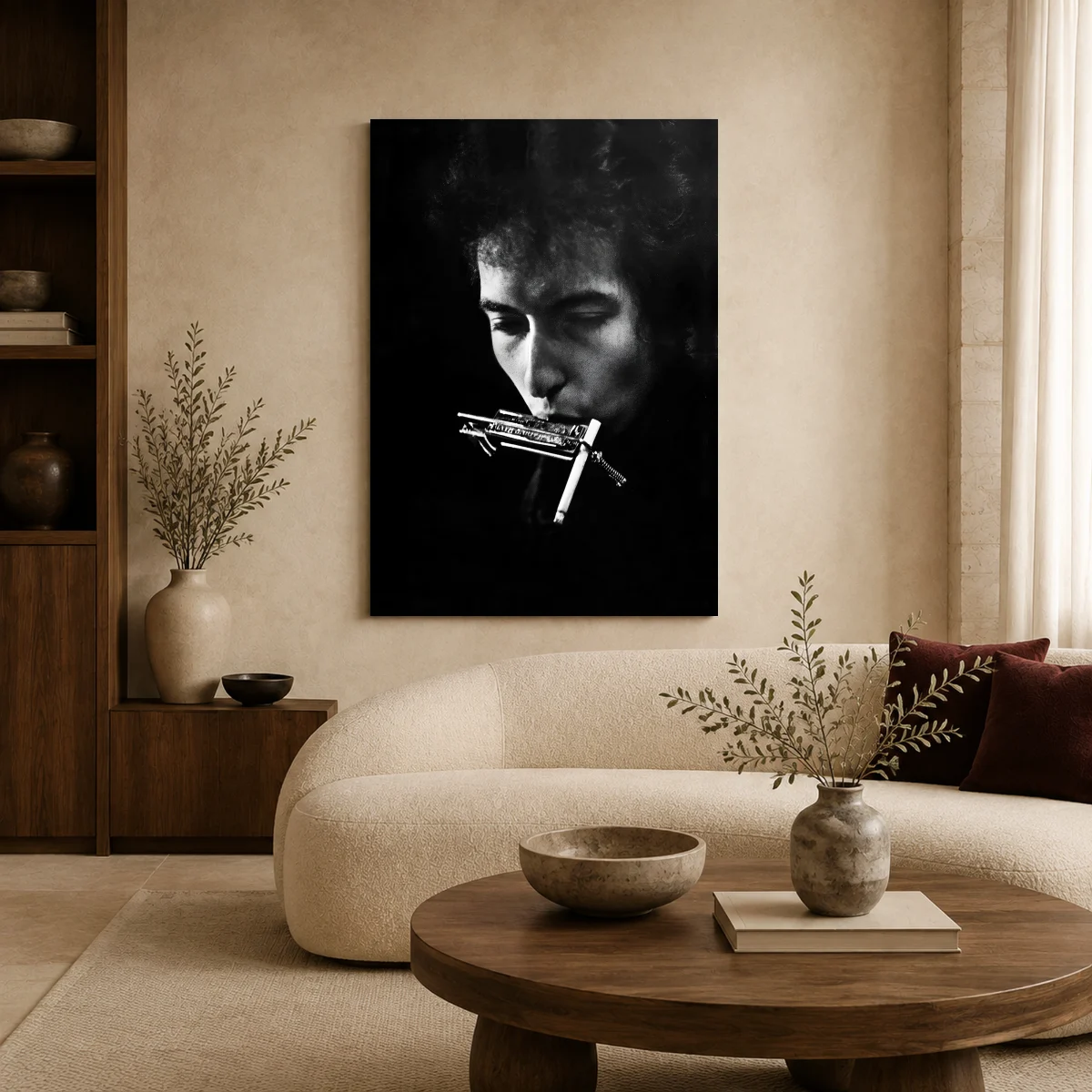 Bob Dylan Harmonica Black and White Portrait Fine Art Print in a styled interior