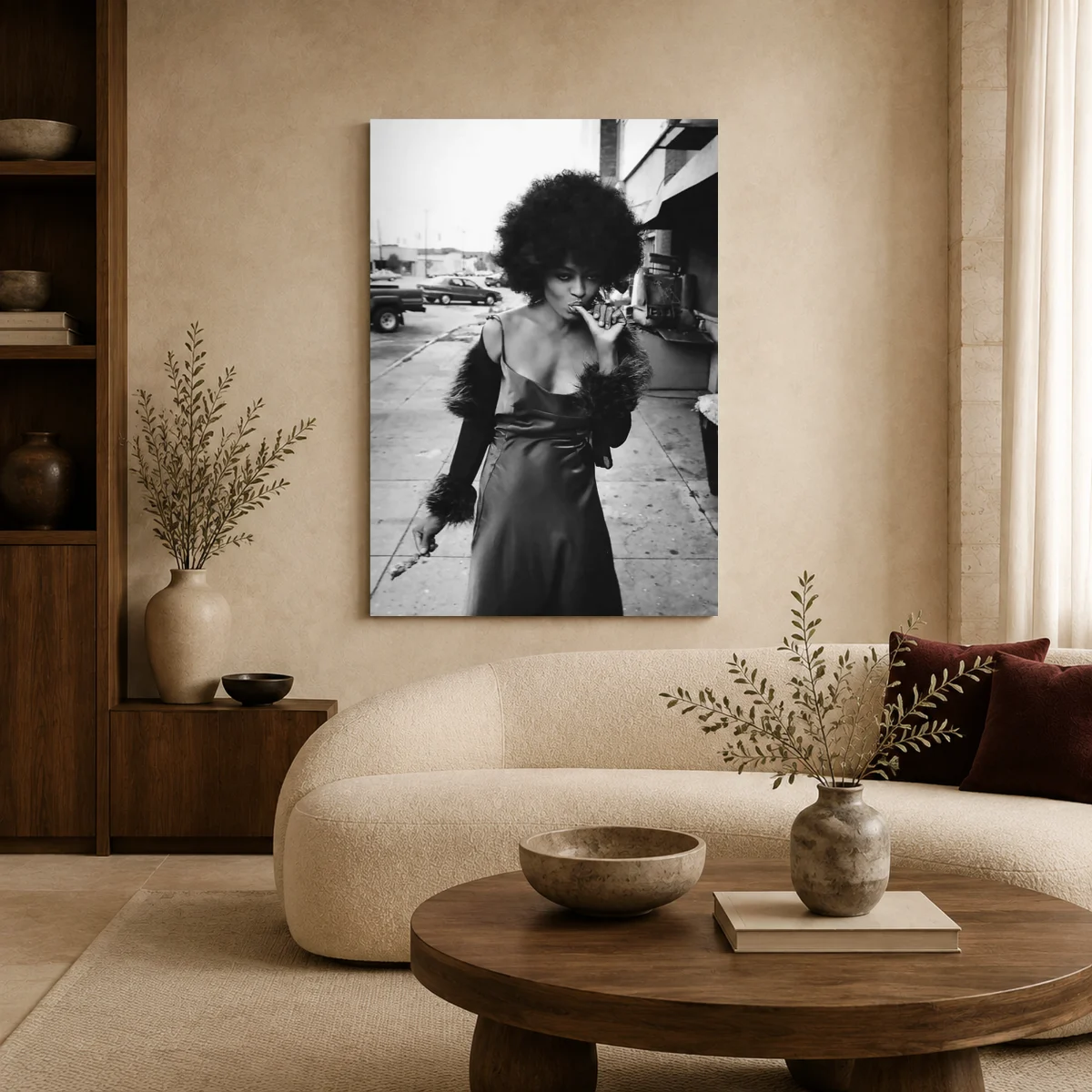 Diana Ross Retro Street Glamour Black & White Portrait Art Print in a styled interior
