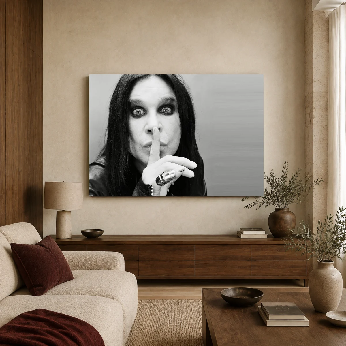 Ozzy Osbourne Hush Black and White Music Legend Wall Art in a styled interior