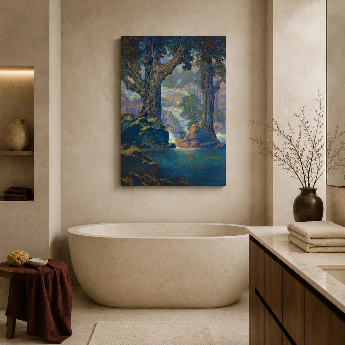 Waterfall in the Forest Fine Art Print by Maxfield Parrish — canvas 2 room mockup