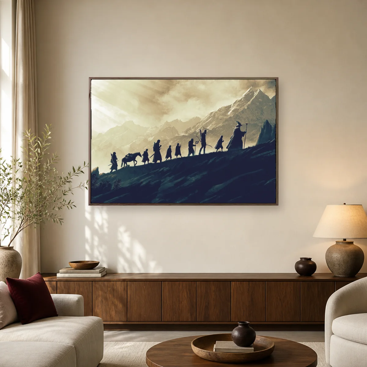 Epic Mountain Journey Silhouette Fantasy Canvas Wall Art — espresso room mockup