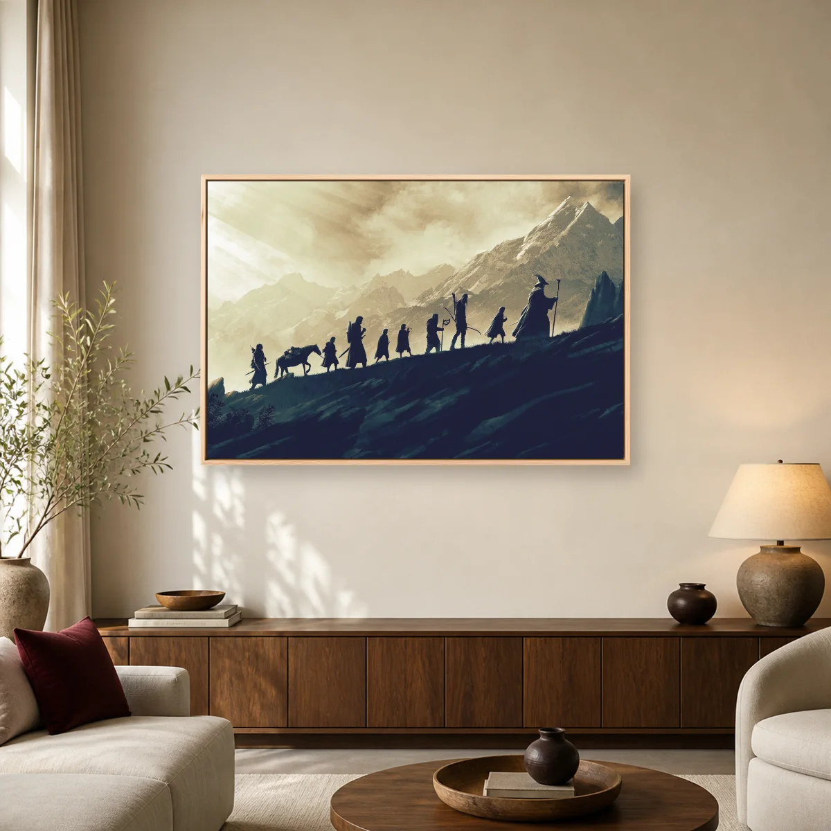 Epic Mountain Journey Silhouette Fantasy Canvas Wall Art — natural room mockup