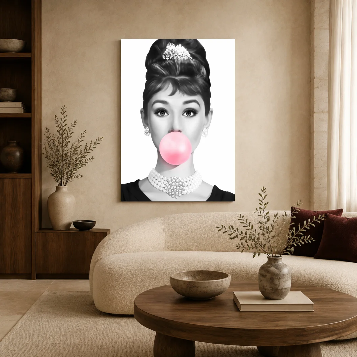 Audrey Hepburn Bubblegum Wall Art Print - Pop Art Canvas — canvas 1 room mockup