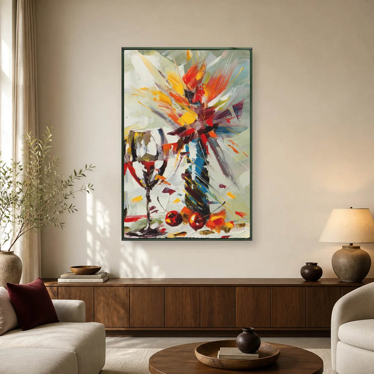 Abstract Wine Glass and Burst of Colors Canvas Print — black room mockup