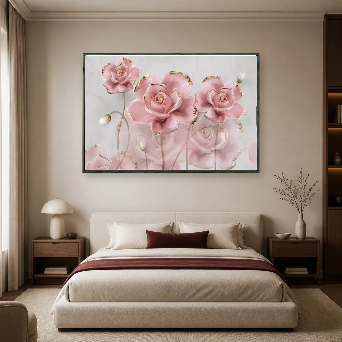 Pink Ceramic Roses Gold Trim Floral Wall Art Canvas — black room mockup