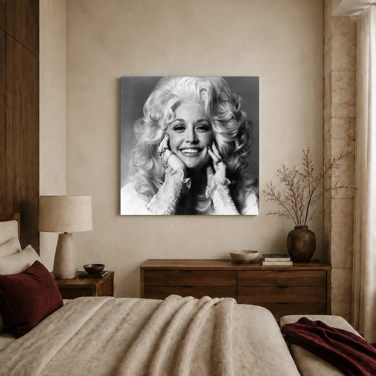 Dolly Parton Iconic Black and White Music Portrait Art Print — canvas 2 room mockup
