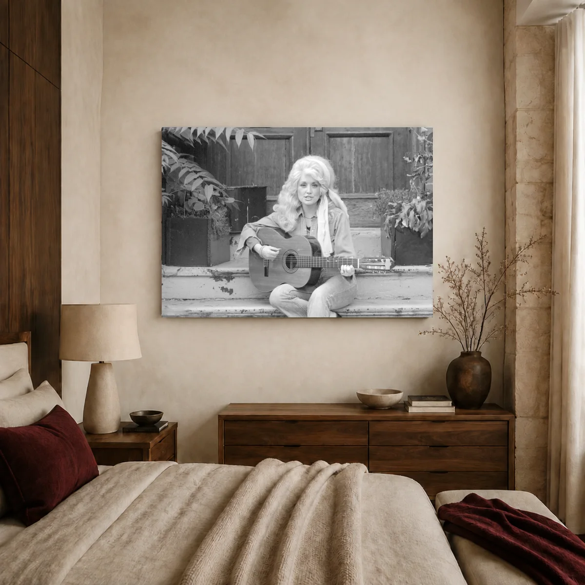 Dolly Parton Acoustic Guitar Vintage Black and White Wall Art — canvas 2 room mockup