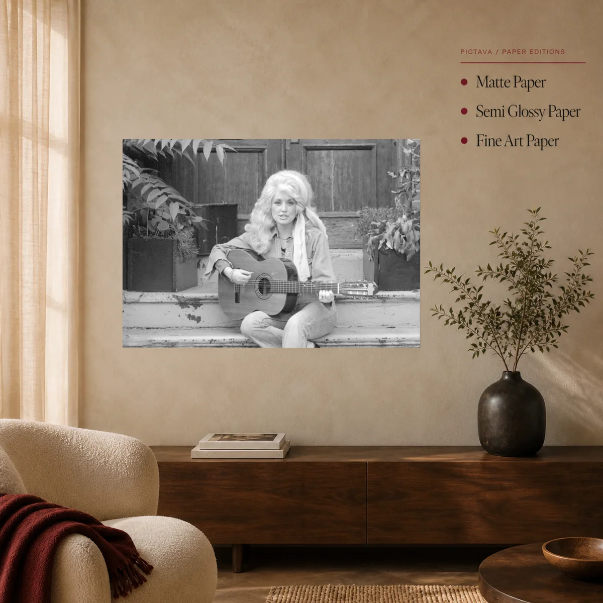 Dolly Parton Acoustic Guitar Vintage Black and White Wall Art — poster room mockup