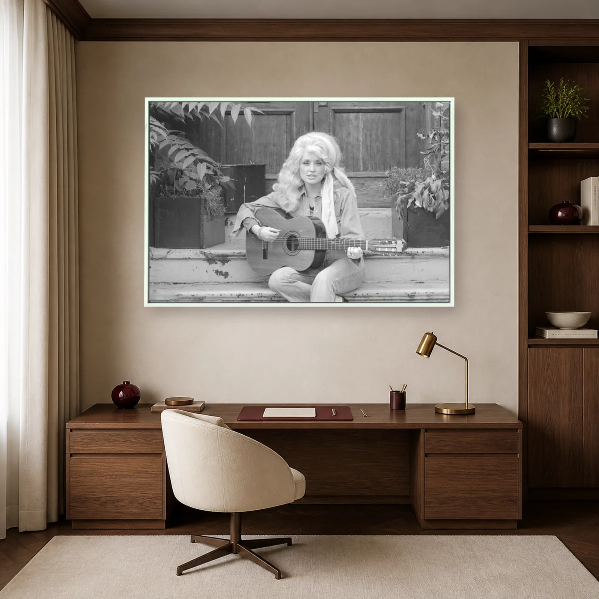 Dolly Parton Acoustic Guitar Vintage Black and White Wall Art — white room mockup