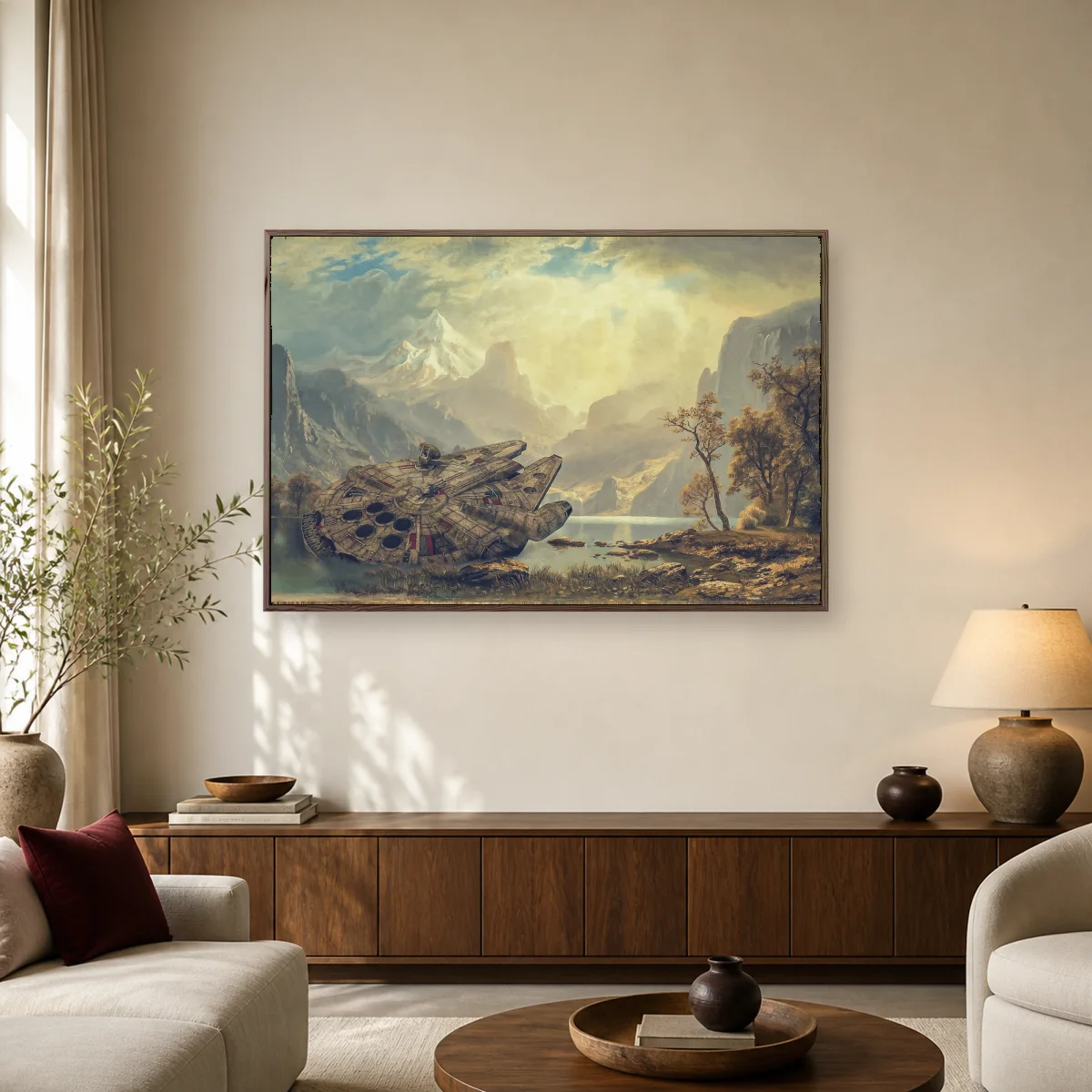 Crashed Starship in Alpine Valley Canvas Print — espresso room mockup
