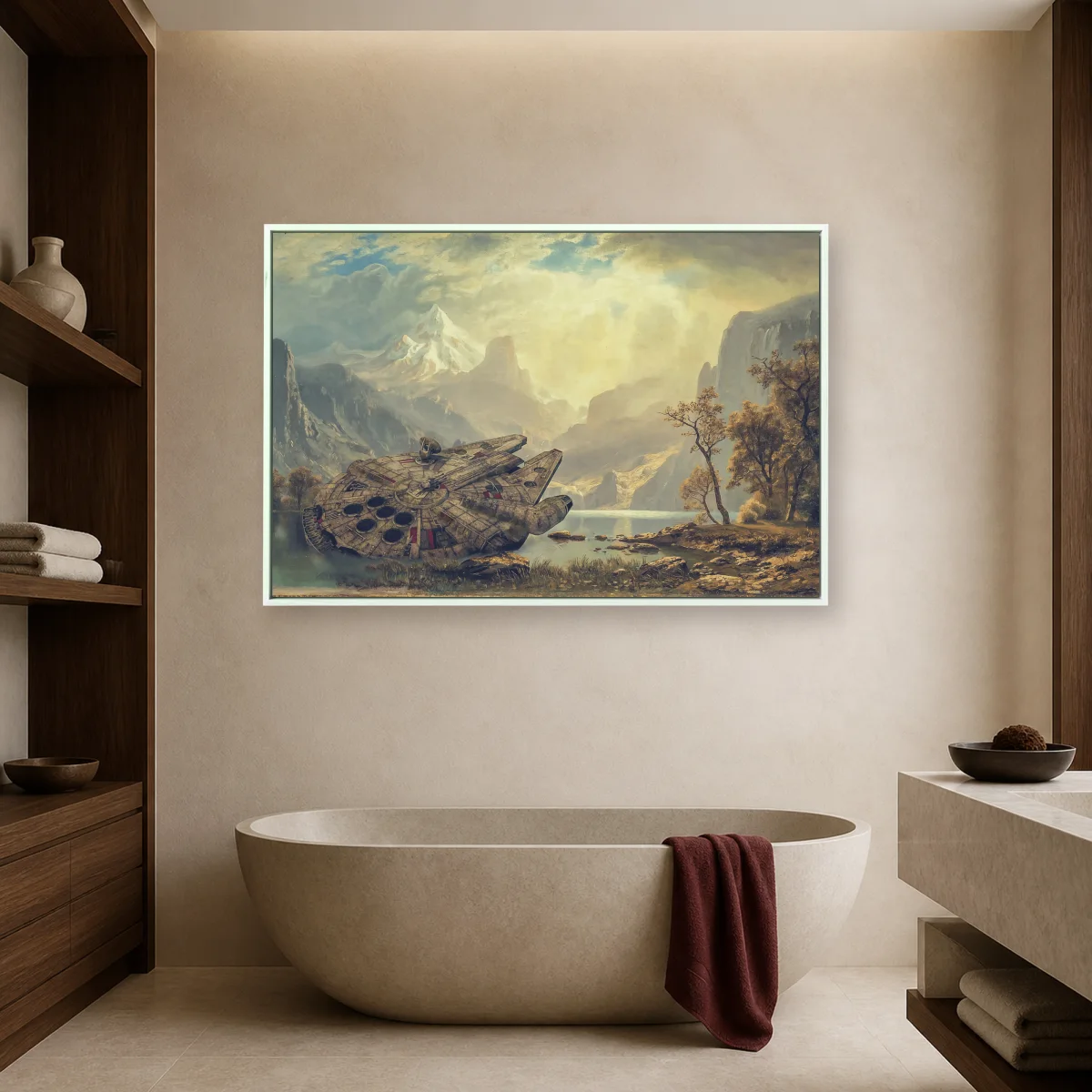 Crashed Starship in Alpine Valley Canvas Print — white room mockup