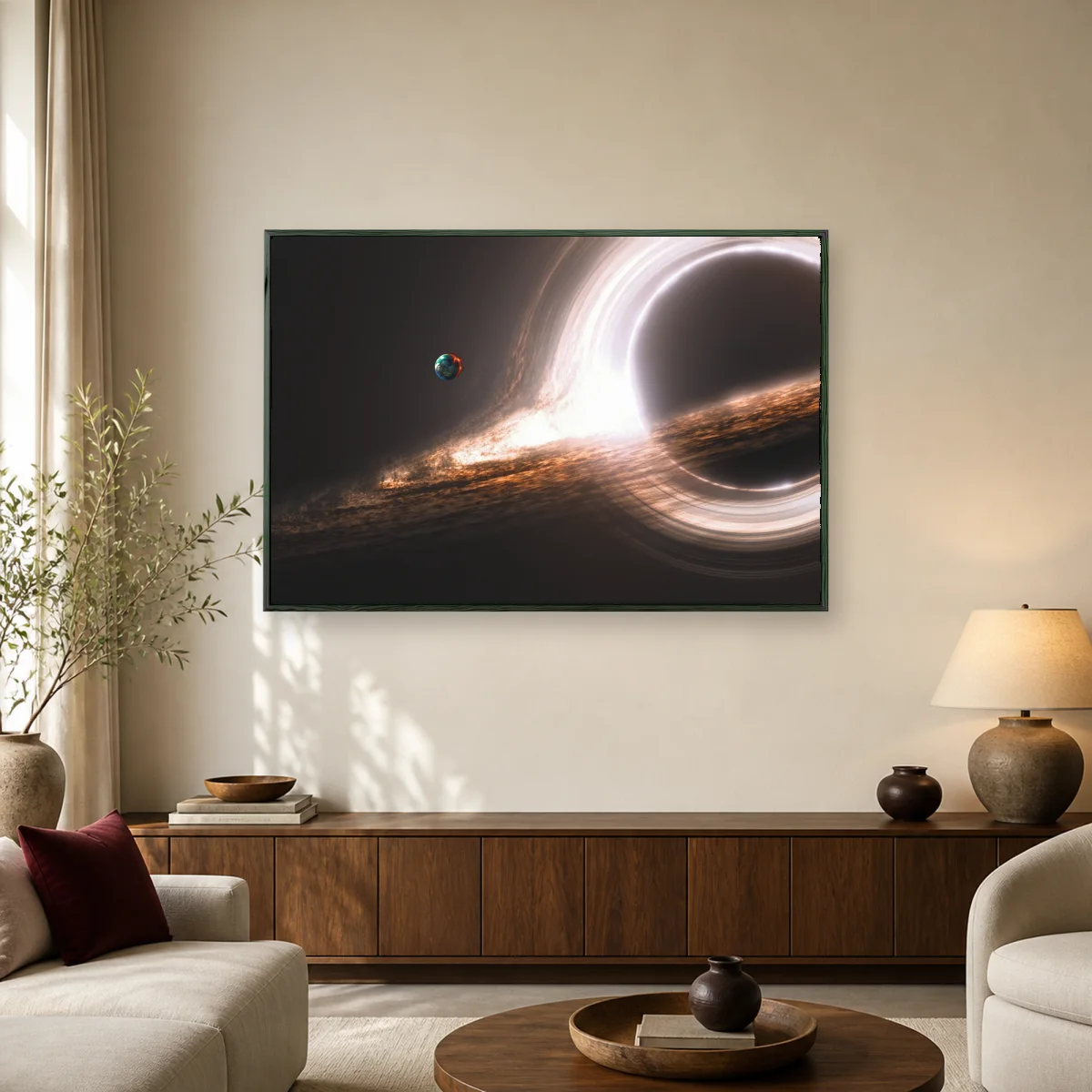 Black Hole and Planet Canvas Print — black room mockup