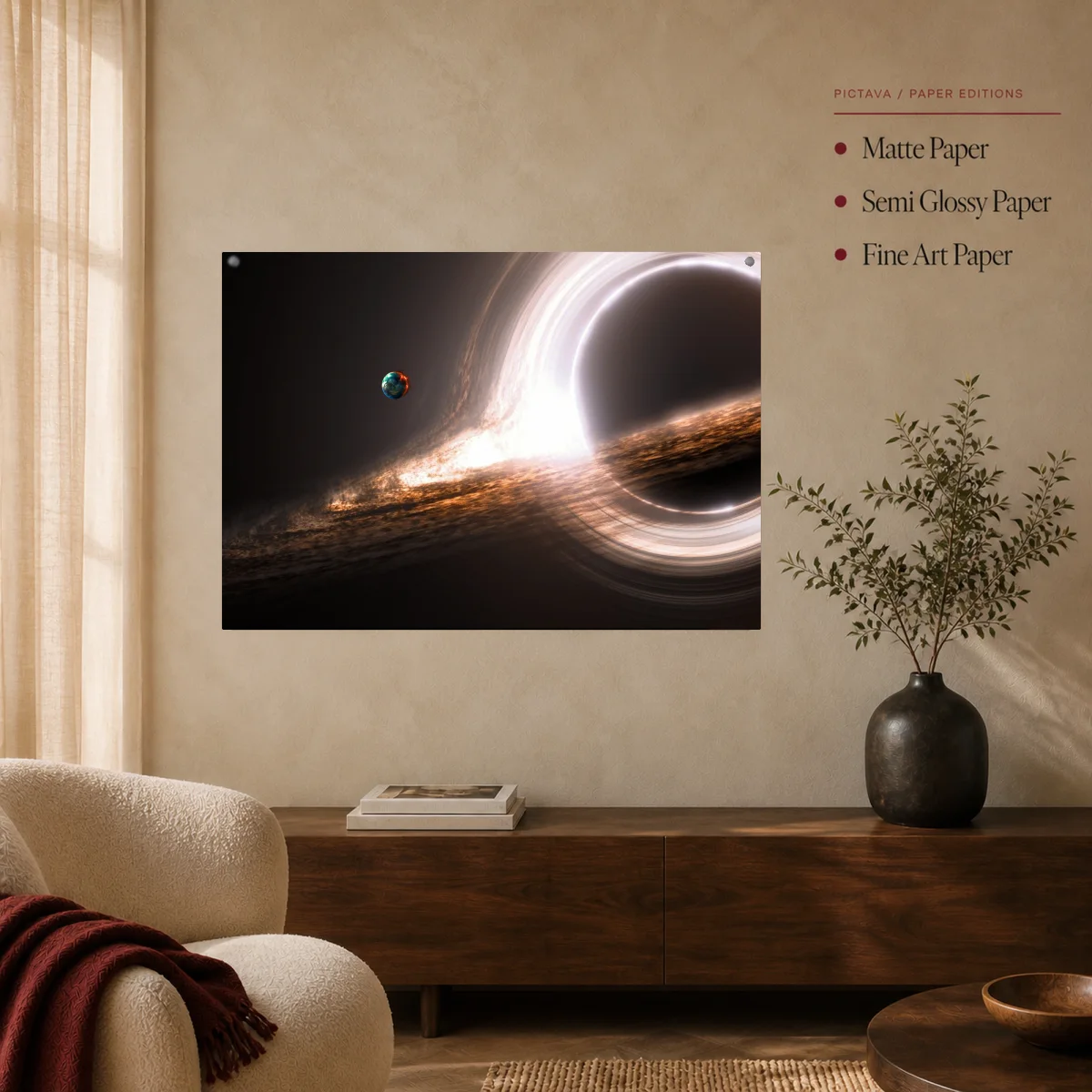 Black Hole and Planet Canvas Print — poster room mockup