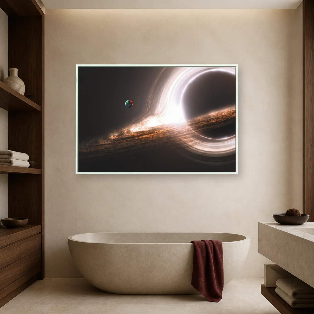 Black Hole and Planet Canvas Print — white room mockup
