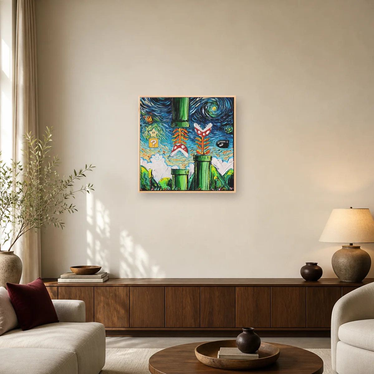 Starry Night Over The Mushroom Kingdom Canvas Print — natural room mockup