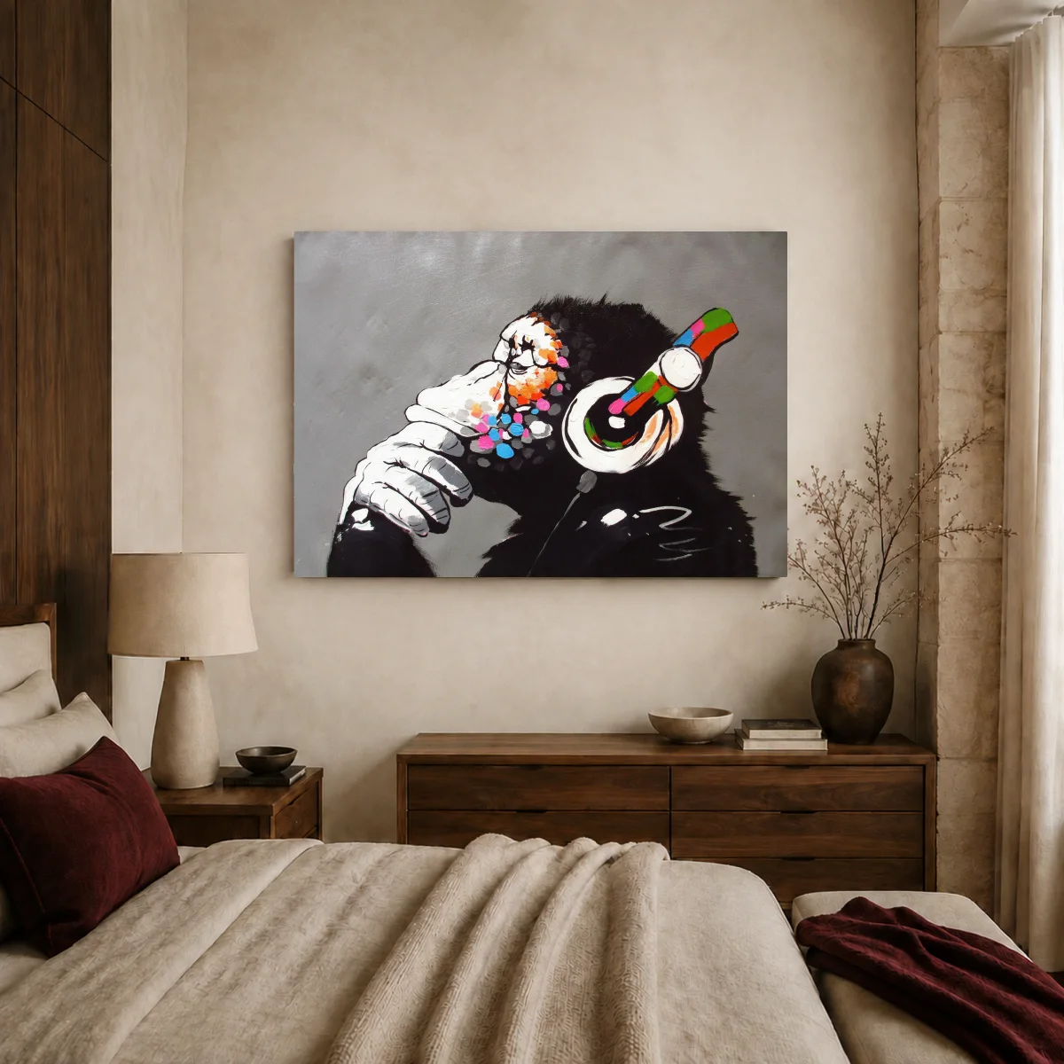 DJ Ape Canvas Print with Colorful Headphones — canvas 2 room mockup