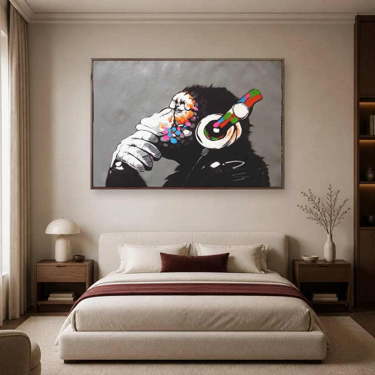 DJ Ape Canvas Print with Colorful Headphones — espresso room mockup