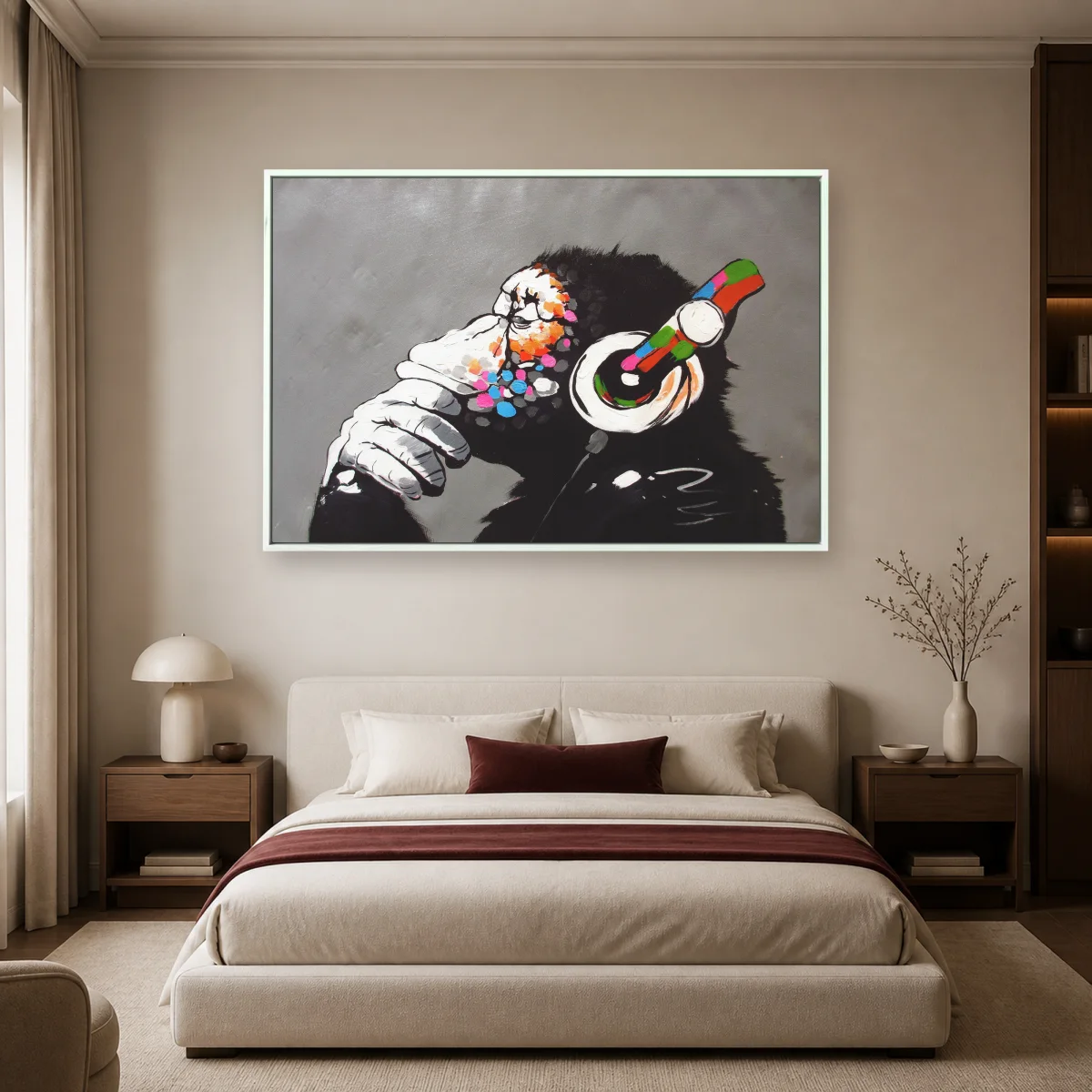 DJ Ape Canvas Print with Colorful Headphones — white room mockup
