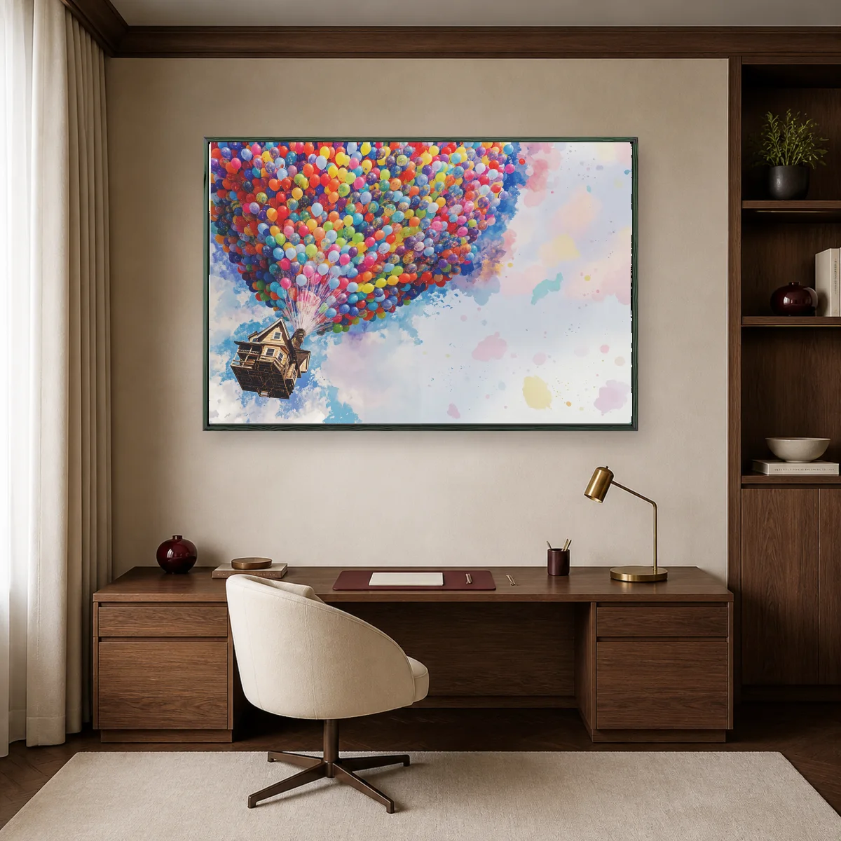 Floating House With Colorful Balloons Canvas Art Print — black room mockup