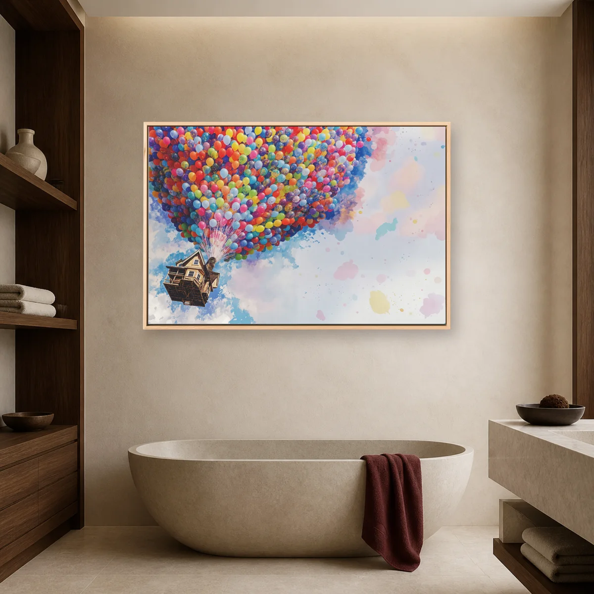 Floating House With Colorful Balloons Canvas Art Print — natural room mockup