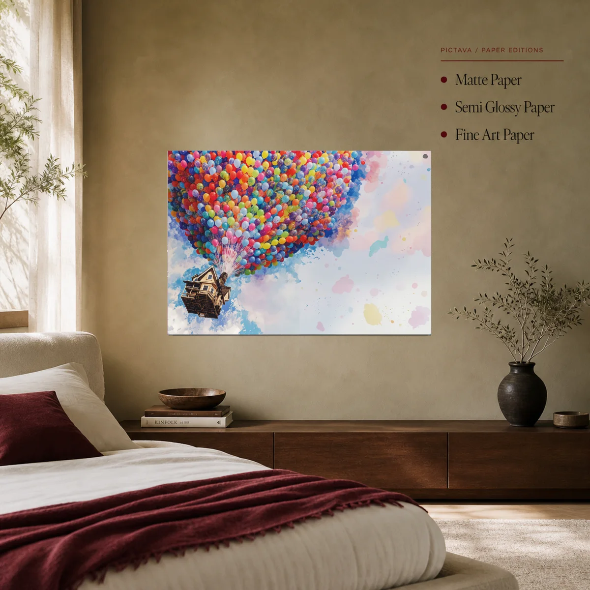 Floating House With Colorful Balloons Canvas Art Print — poster room mockup