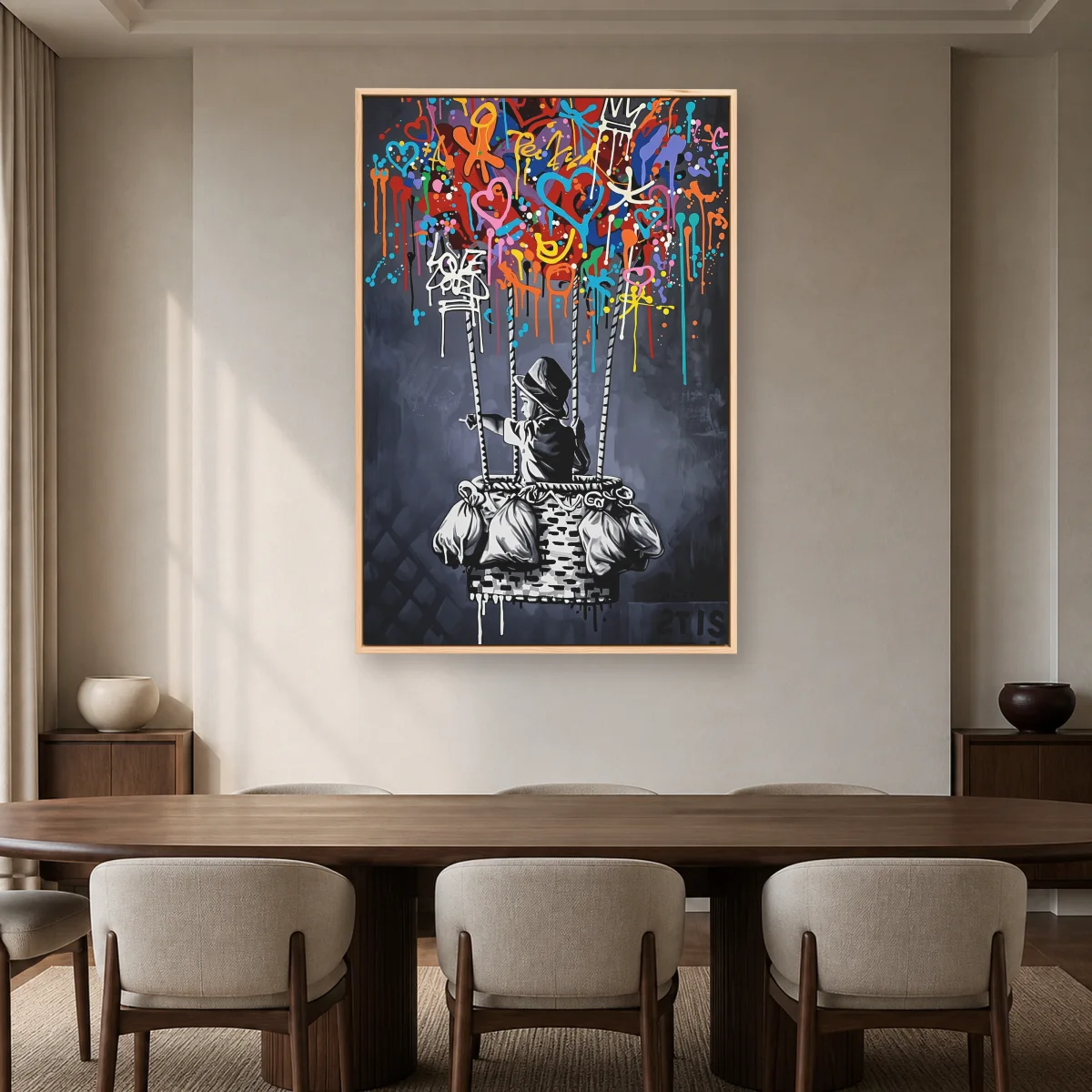 Banksy Style Balloon Boy Graffiti Wall Art Canvas — natural room mockup