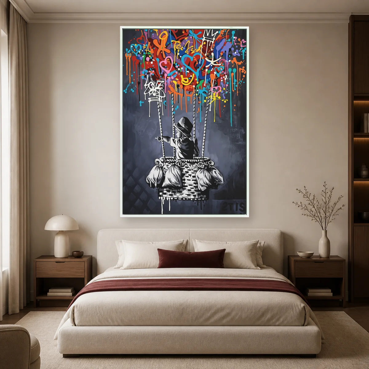Banksy Style Balloon Boy Graffiti Wall Art Canvas — white room mockup