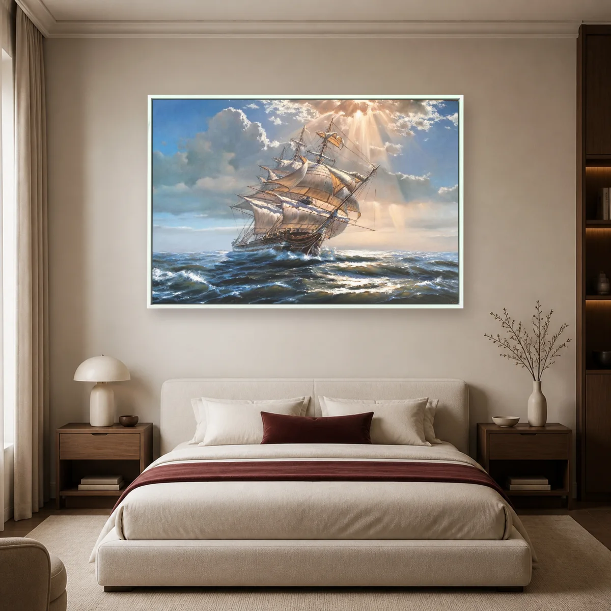 Tall Ship Sailing on Ocean Waves Canvas Print — white room mockup