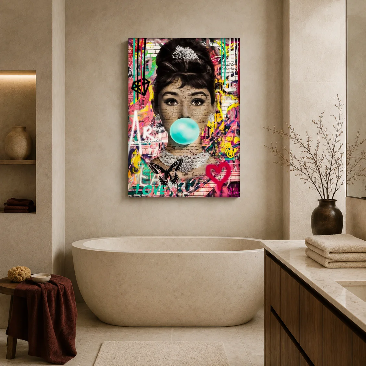 Audrey Hepburn Bubblegum Graffiti Brick Wall Canvas Print — canvas 2 room mockup