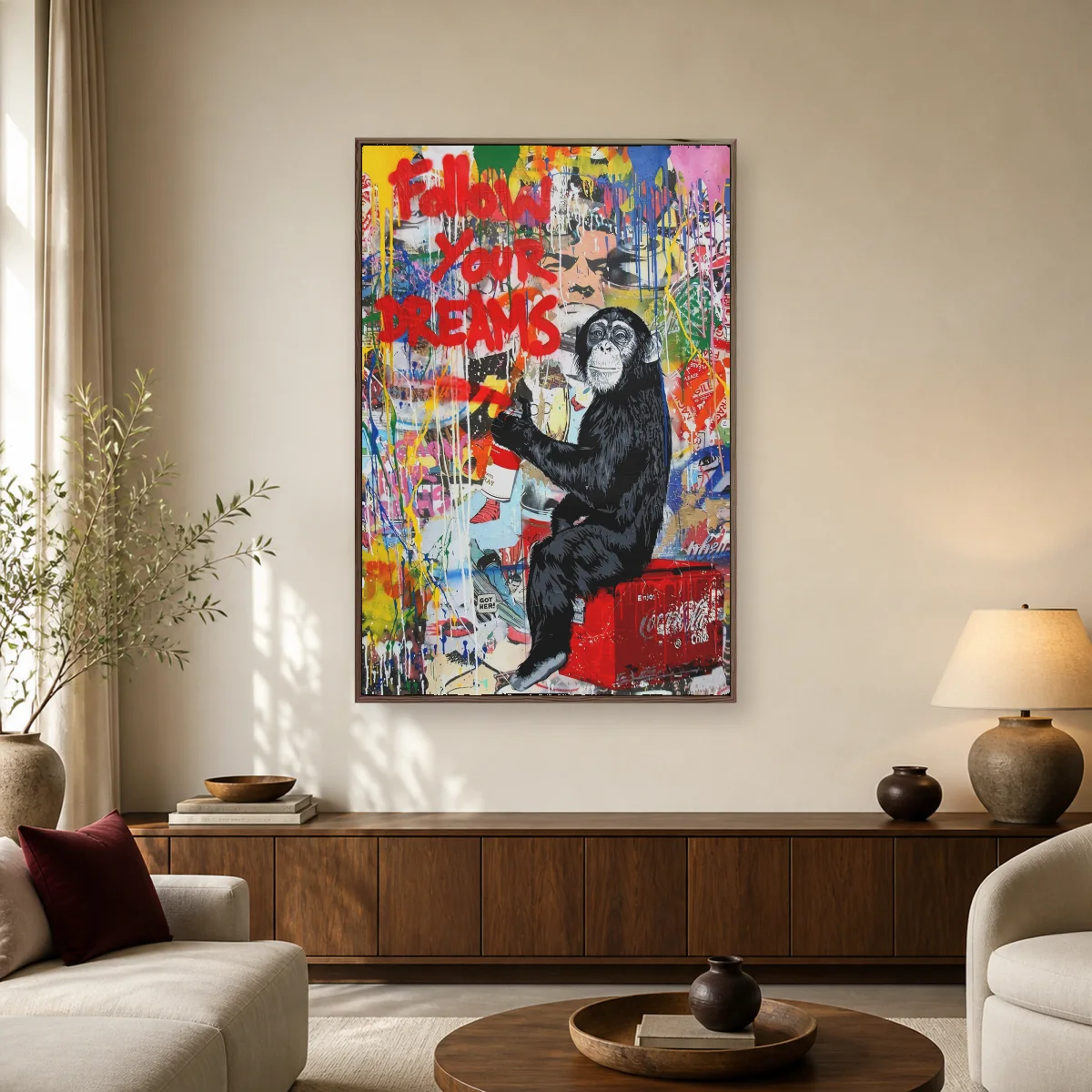 Follow Your Dreams Graffiti Chimp Pop Art Canvas Print — espresso room mockup