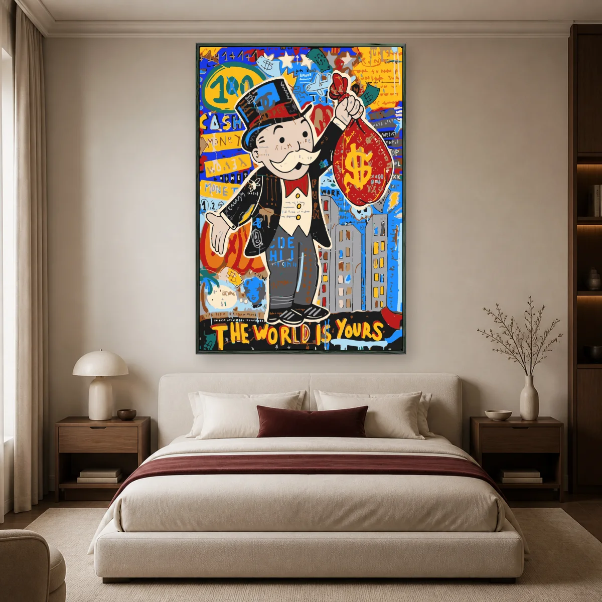 The World Is Yours Monopoly Man Pop Art Print — black room mockup