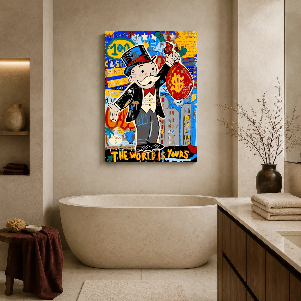 The World Is Yours Monopoly Man Pop Art Print — canvas 1 room mockup