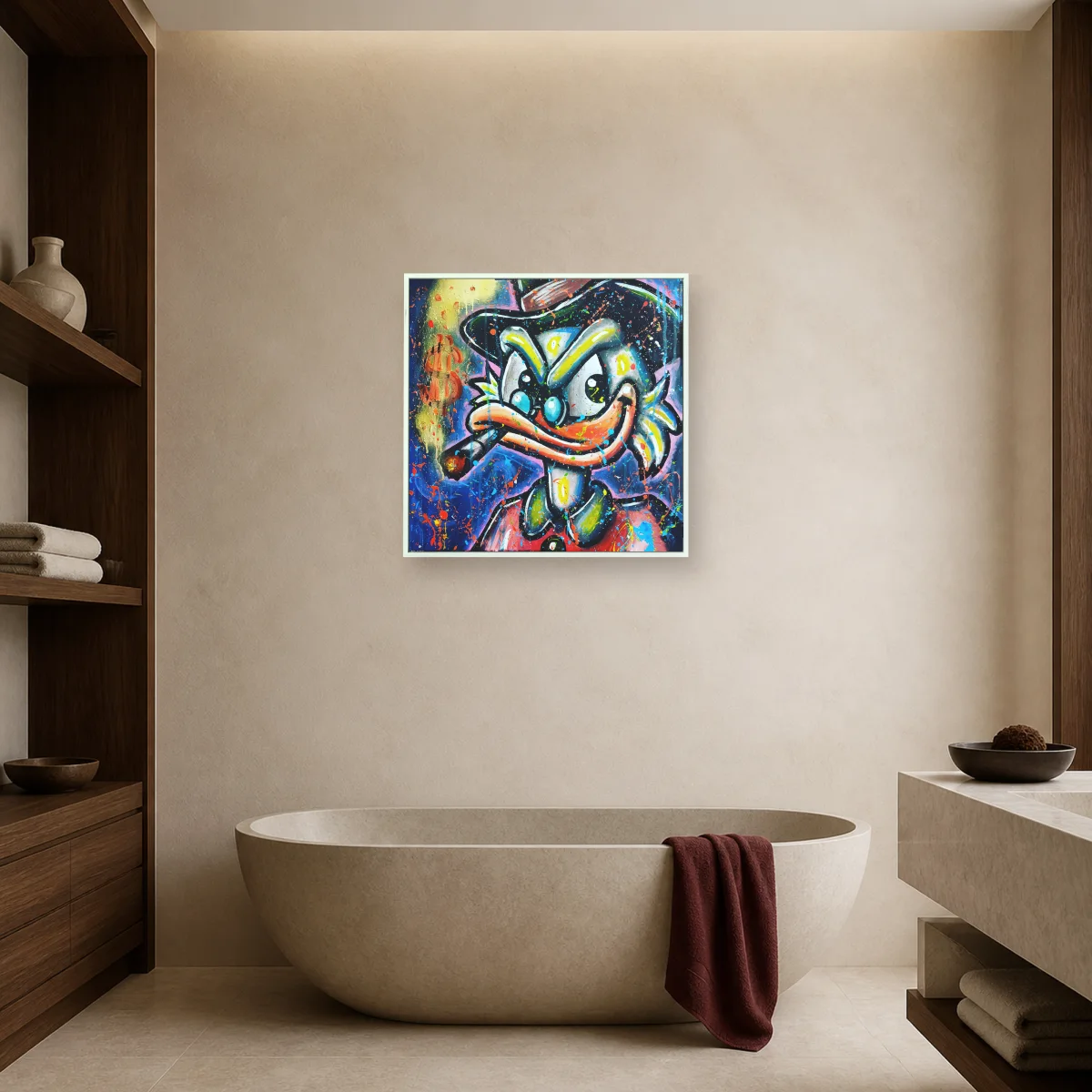 Neon Tycoon Duck Street Art Canvas Print — white room mockup