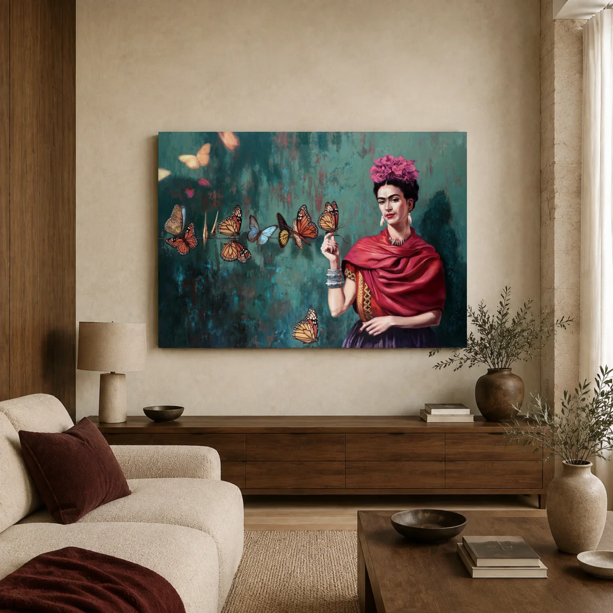 Frida Kahlo Portrait Canvas Print with Monarch Butterflies Wall Art — canvas 1 room mockup