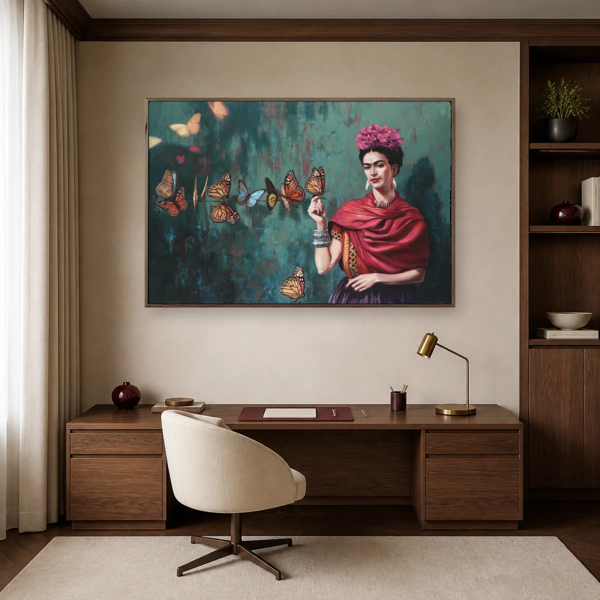 Frida Kahlo Portrait Canvas Print with Monarch Butterflies Wall Art — espresso room mockup