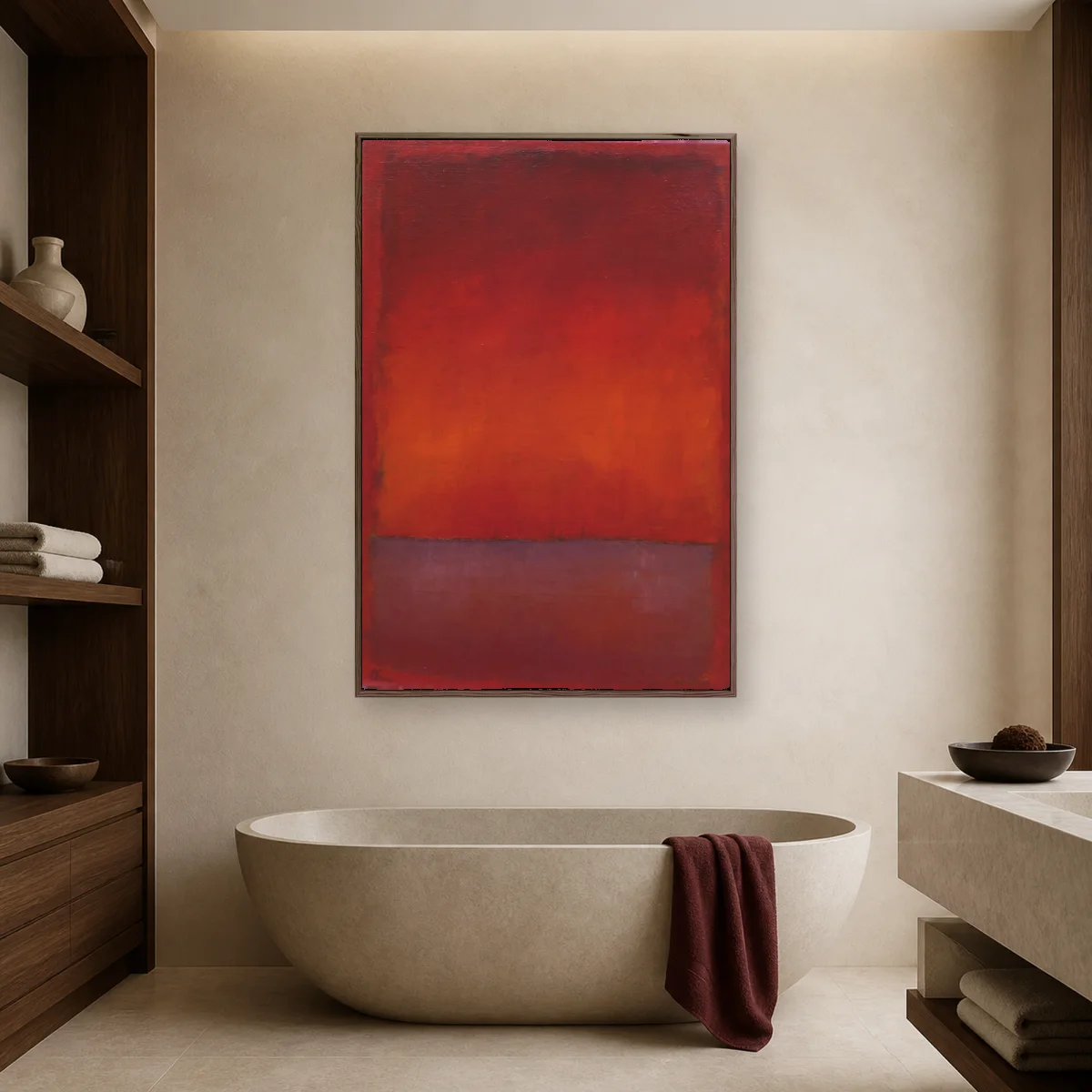 Crimson Horizon Color Field Abstract Wall Art — espresso room mockup