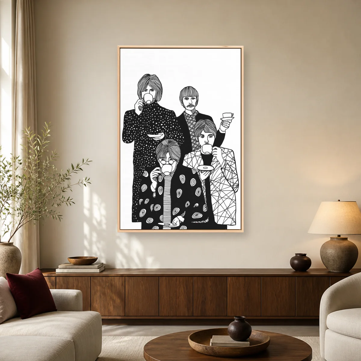 The Beatles Tea Party Black and White Line Art — natural room mockup