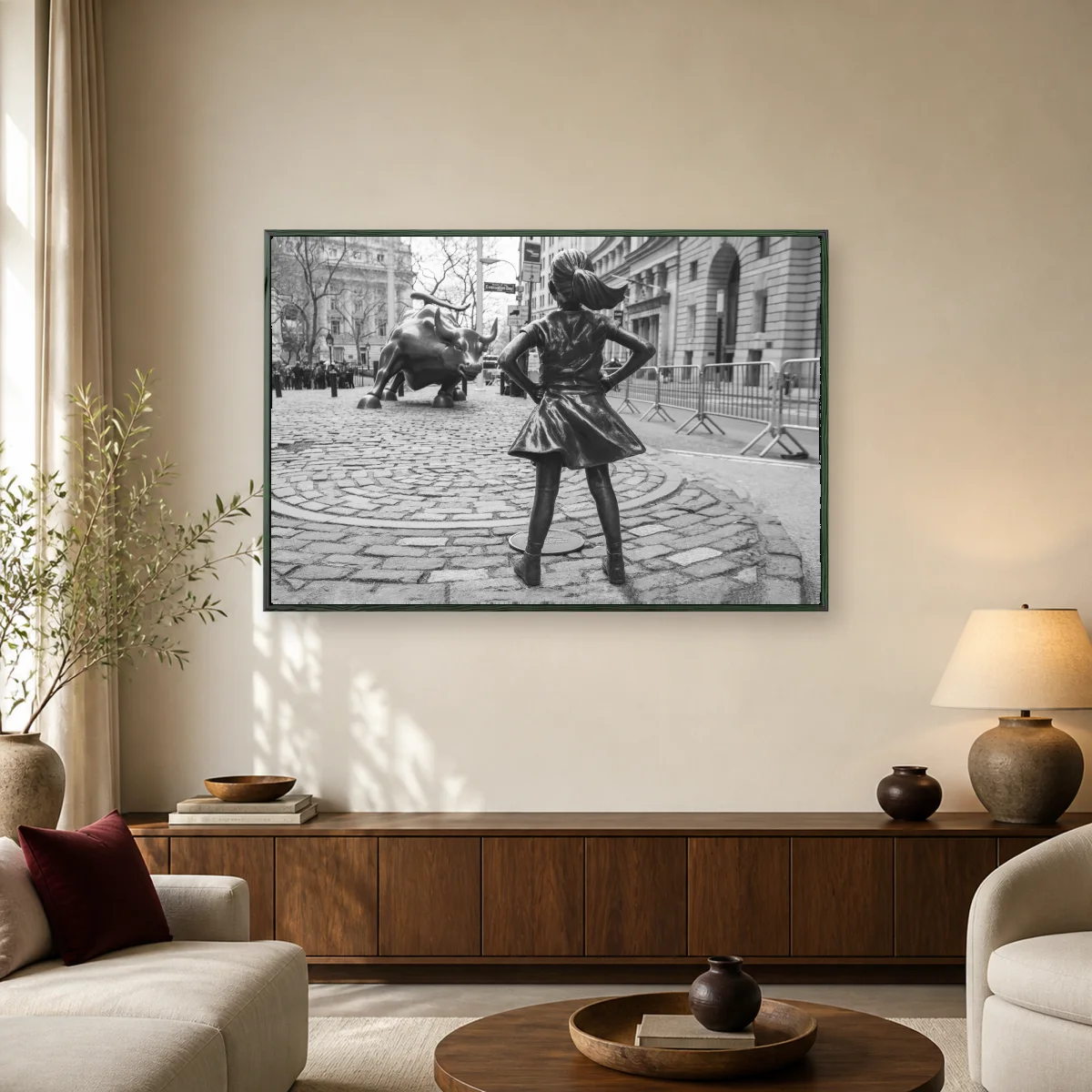 Fearless Girl and Charging Bull Black and White Wall Art Print — black room mockup