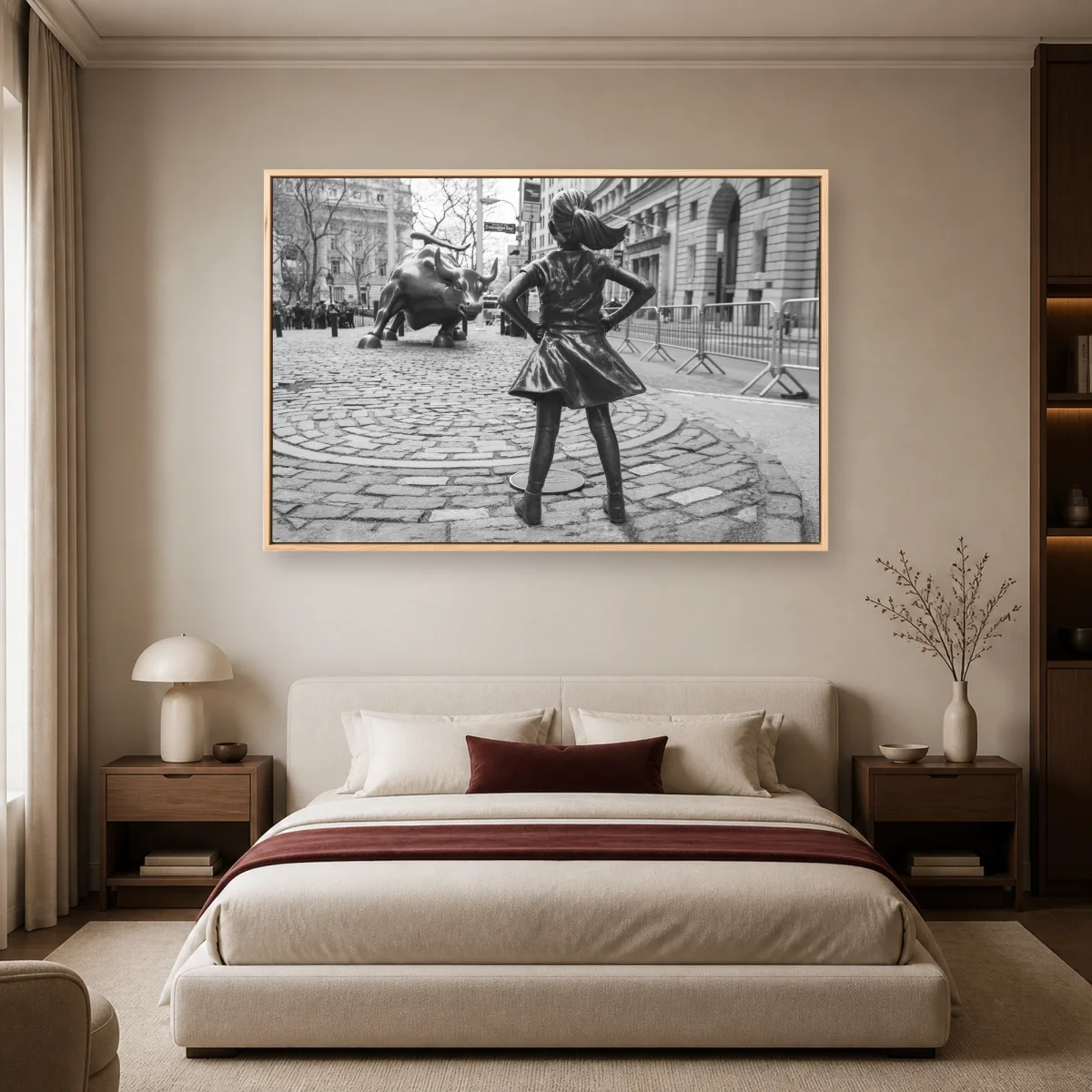 Fearless Girl and Charging Bull Black and White Wall Art Print — natural room mockup