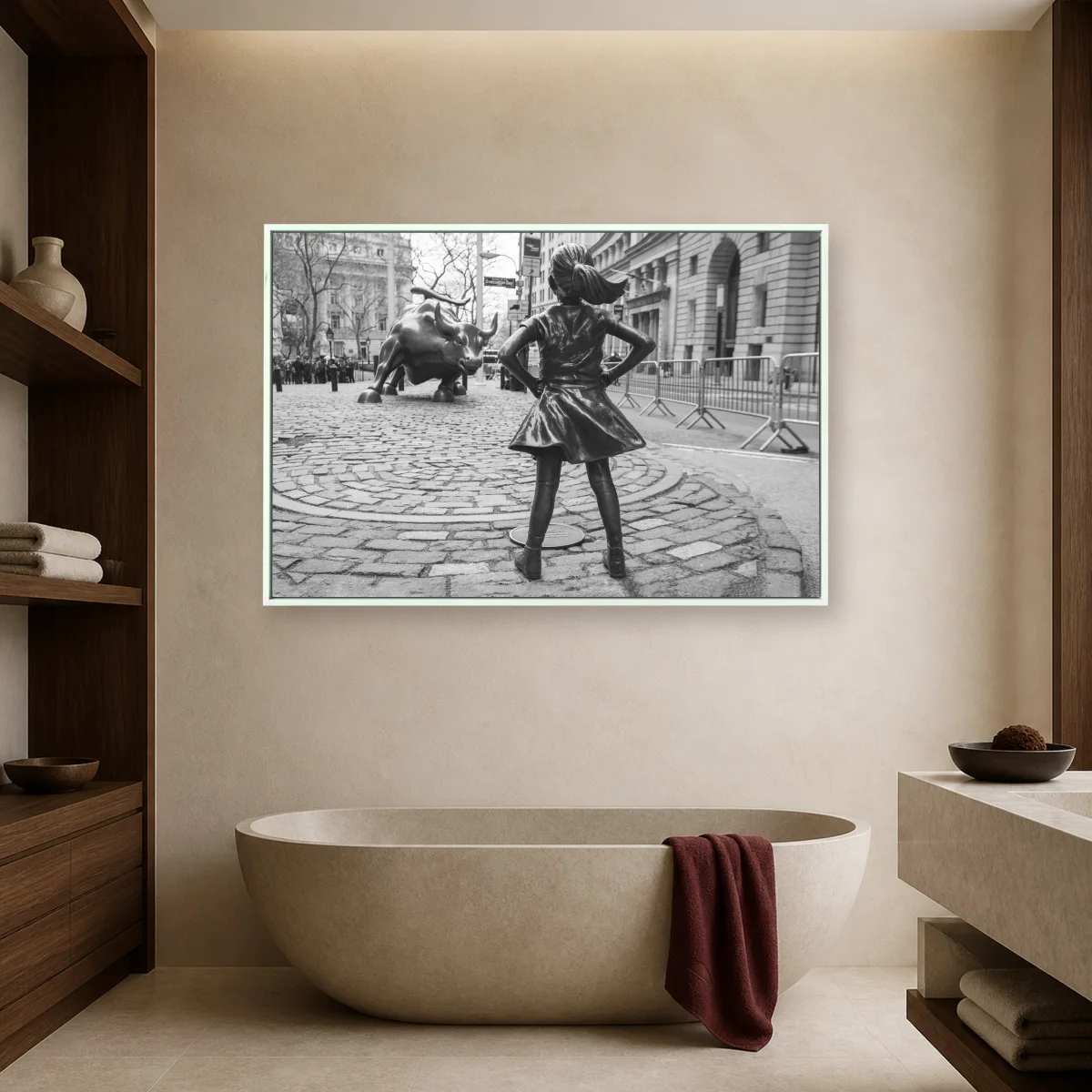 Fearless Girl and Charging Bull Black and White Wall Art Print — white room mockup