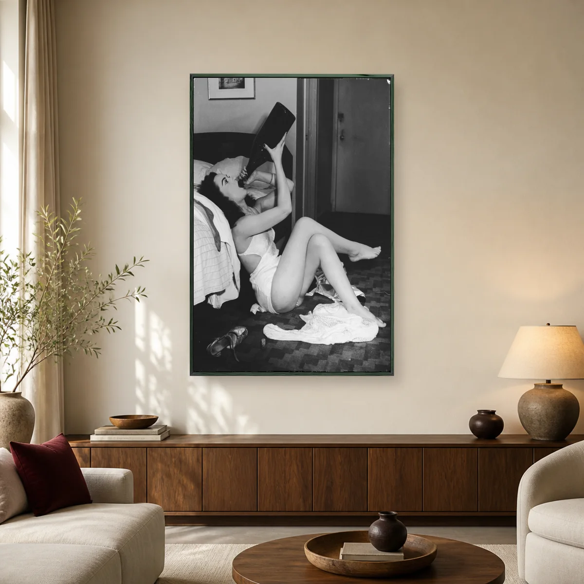 Vintage Hollywood Starlet Drinking From Giant Bottle Canvas Print — black room mockup